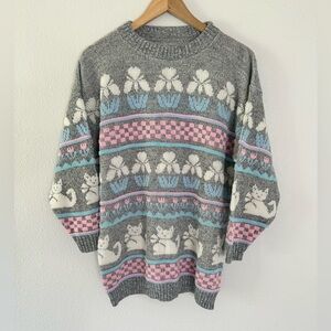 Vintage 80s Granny Core Cottagecore Cat Kitten Floral Sweater No Tags M?